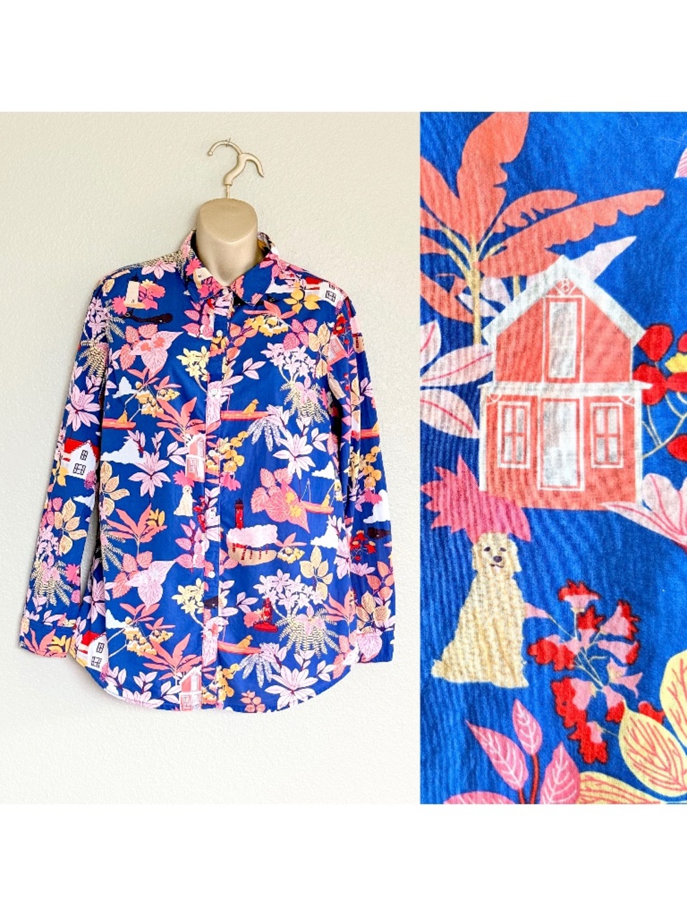 J. McLaughlin Along the Coast Cottage Dog Floral Limited Edition Blouse Sz M EUC